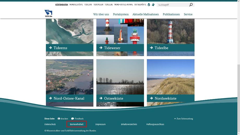 Darstellung des unteren Bereichs der Startseite Küstendaten.de mit der Hervorhebung des Links zur Seite Barrierefreiheit.