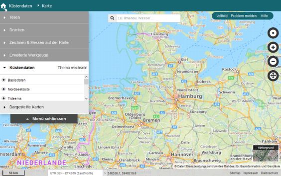 Das Kartentool von Portal Küstendaten auf der Basis des GeoViewer.WSV