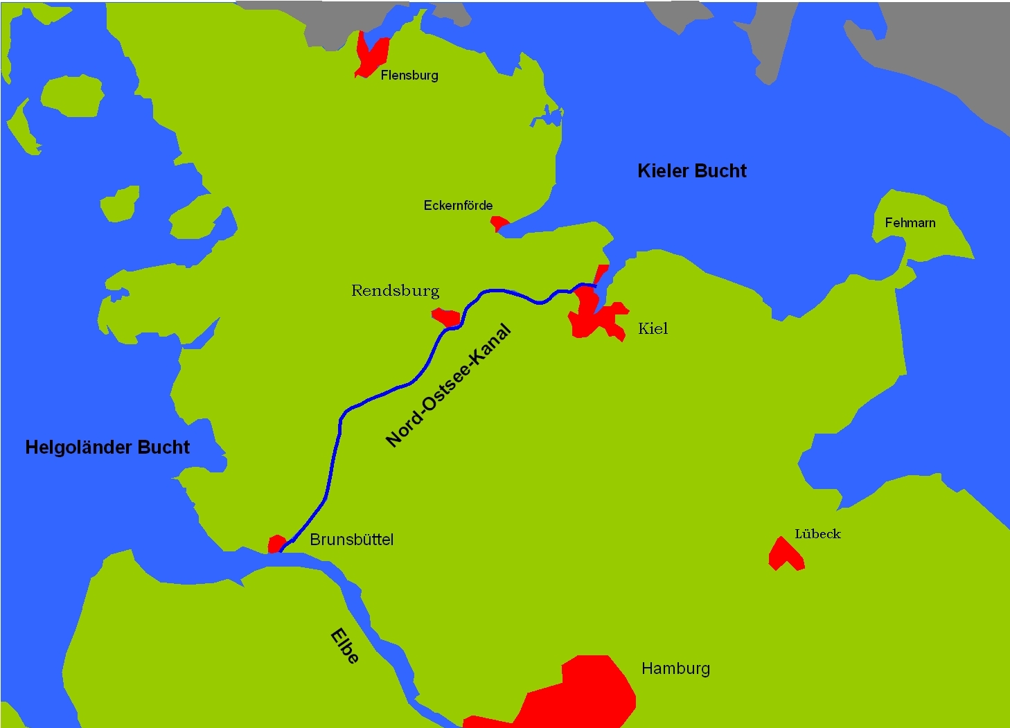 Das Bild zeigt die geographische Lage des Nord-Ostsee-Kanals