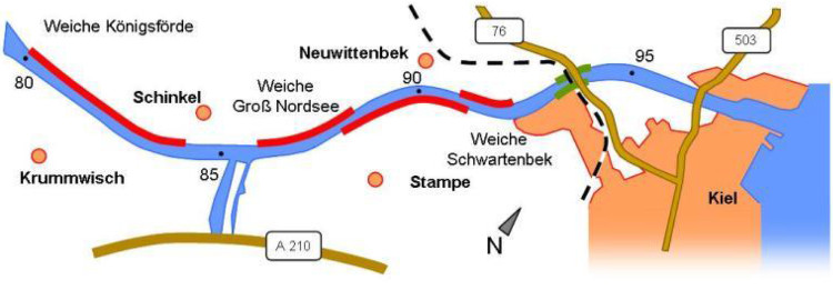 Das Bild zeigt die Ausbaubereich der NOK-Oststecke