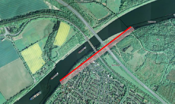Kanalverbreiterung gem. Entwurf-HU. Uferlinie und Böschungseingriff rot hinterlegt