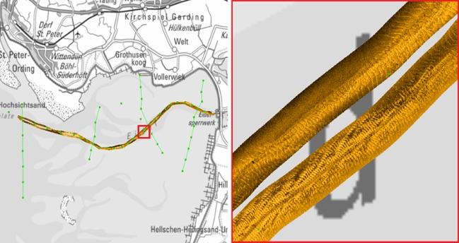 Das Bild zeitgt Sohlaufnahmen mittels Seitensicht-Sonar in der Außen- und Tideeider