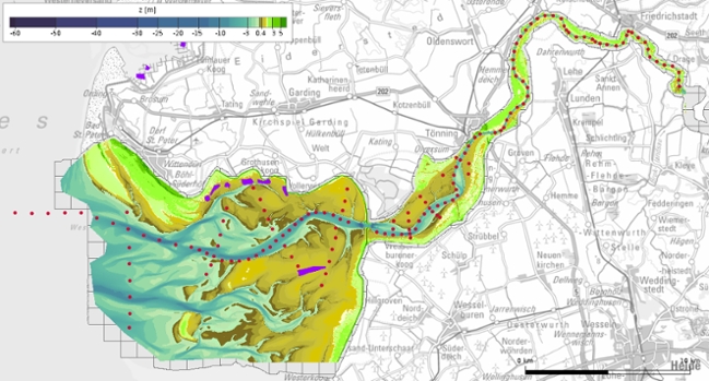 Das Bild zeigt die Bodenprobenentnahmepunkte in der Außen- und Tideeider im August 2021 in roten Punkten dargestellt swoie die Seegraswiesenbestände in violetten Polygone dargestellt(Auskunft LLUR 2021)