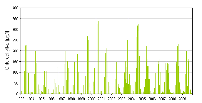 Chlorophyllkonzentration in der Elbe in Schnackenburg (km 474) im Zeitraum von 1993 bis 2009