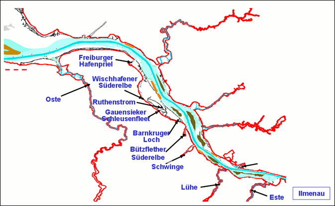 Übersicht der Nebenflüsse der Tideelbe auf der niedersächsischen Elbseite, die im Rahmen der Be-weissicherung zur Fahrrinnenanpassung von 1999 untersucht wurden.