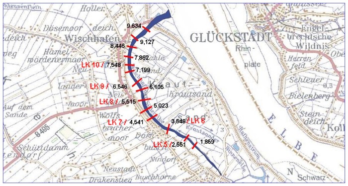 Übersicht der in der Wischhafener Süderelbe gemessenen Querprofile mit Angaben der Bundeswas-serstraßenkilometer und Landeskilometern (LK)