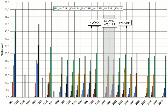 Zusammenfassung der Entwicklung der Querschnittsflächen auf den Landeskilometern (L_Km) 5 - 10 der Wischhafener Süderelbe von 1984 – 2010 (unter NHN +0,00m); Daten des WSA und des NLWKN