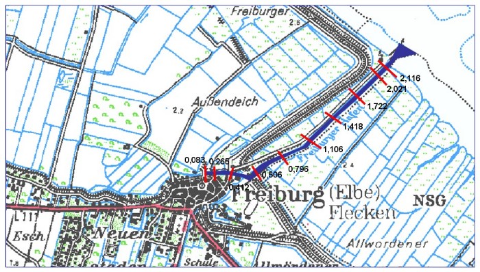 Übersichtskarte des Freiburger Hafenpriels mit den gemessenen Querprofilen