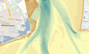 Das Bild zeigt das digitale Geländemodell 2018 der Nordsee Jade bei Wilhelmshaven.